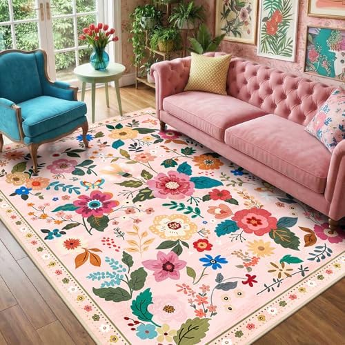 RELEANY Floral Washable 3x5 Area Rugs Pink - Image 2