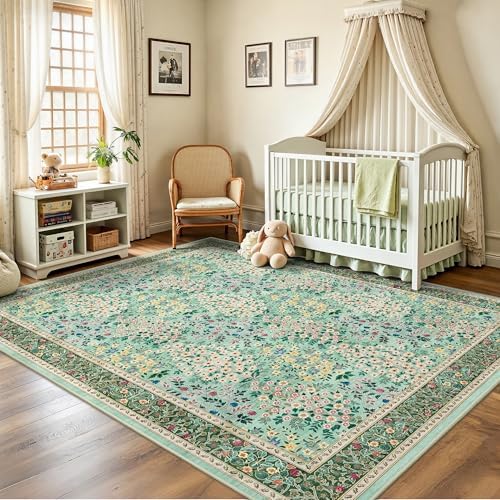 6x9 Area Rugs, Washable Floral Area Rugs for Living Room, Indoor Area Rug for Bedroom, Dining Room, Low Pile Non-Slip Non Shedding Rug(Green Floral) - Image 5