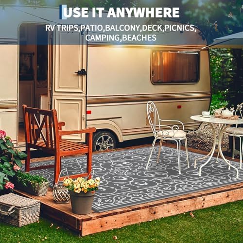 GAOMON Outdoor Rug Waterproof 9x12 Patio Rug Durable Indoor Outdoor RV Mat, Reversible Camping Carpet, Foldable Plastic Straw Rug for Patio, Porch, Deck, Balcony, Beach,Vintage-Grey - Image 5