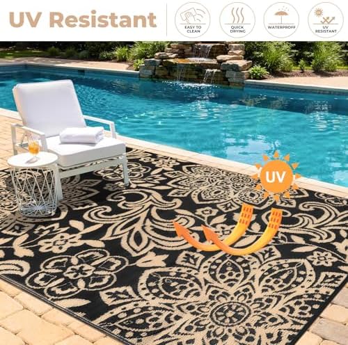 Findosom Waterproof Outdoor Rug 6' x 9' - Reversible Mandala Outdoor Plastic Straw Rug, Durable Foldable Patio Rug for RV, Deck, Balcony, Backyard, Picnic, Porch, Camping, Beach, Black - Image 3