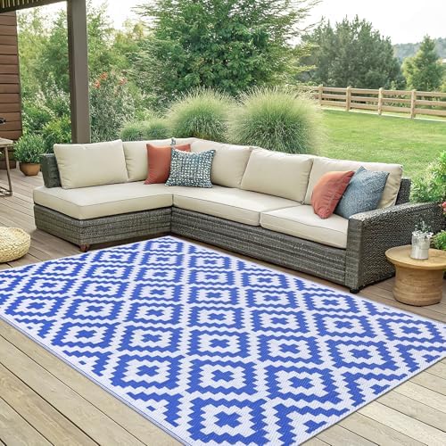 Smiry Outdoor Rug 6x9 ft Waterproof Reversible Boho Mat, White & Blue - Image 6