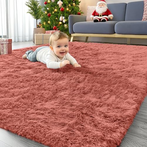 OLANLY Area Rugs for Living Room Bedroom, Machine Washable 4x5.9 ft Soft Fluffy Shaggy Bedside Rug, Indoor Floor Carpet for Kids Girls and Boys, Dorms, Nursery Rooms, Home Decor Aesthetic, Rust Red by OLANLY