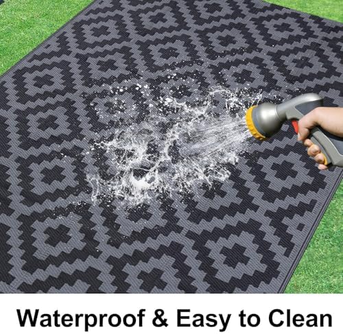 Smiry Outdoor Rug 5x8 ft Waterproof Reversible Boho Mat, Black & Grey - Image 2