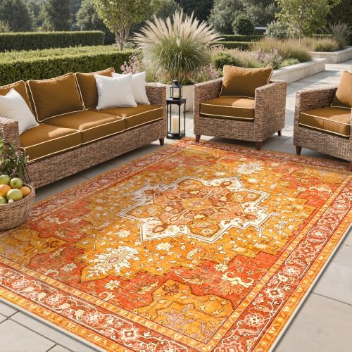 GENIMO Indoor Outdoor Rug, Washable for Patio and Deck, Orange Gold, 8x10 by GENIMO