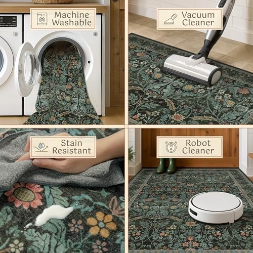 Washable 2'6"x8' Kitchen Runner Rugs Non Skid, 8ft Long Hallway Entryway Runner Rug, Non Slip Wide Carpet Runners for Bathroom, Dark Green Low Pile Soft Vintage Dark Floral Floor Decor (Dusty Teal) - Image 4