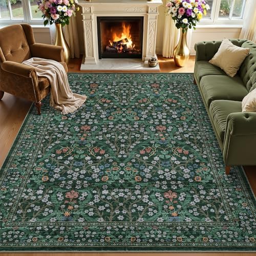 GarveeHome 6x9 Washable Area Rug for Living Room, Floral Dining Room Rugs for Under Table, Low Pile Non-Slip Stain Resistance Floor Carpet for Bedroom, Dark Green by GarveeHome