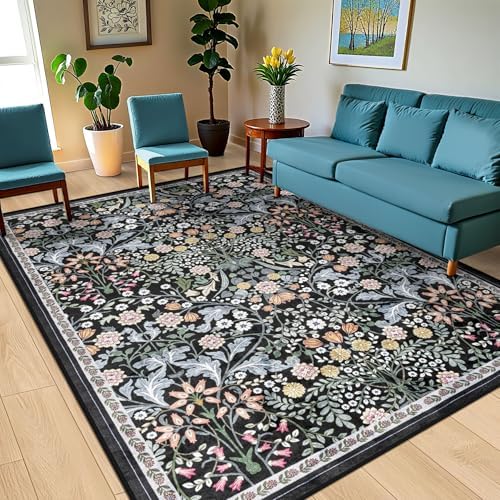 PLHXFR Area Rug 10x14 Living Room: Floral Washable Boho Carpet Dark Black - Image 2