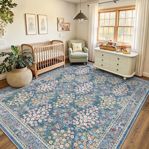9x12 Large Area Rugs, Machine Washable Low Pile Floral Rugs for Living Room, Bedroom, Boho Style with Non-Slip Backing Nursery Rug(Blue Floral) - Image 4