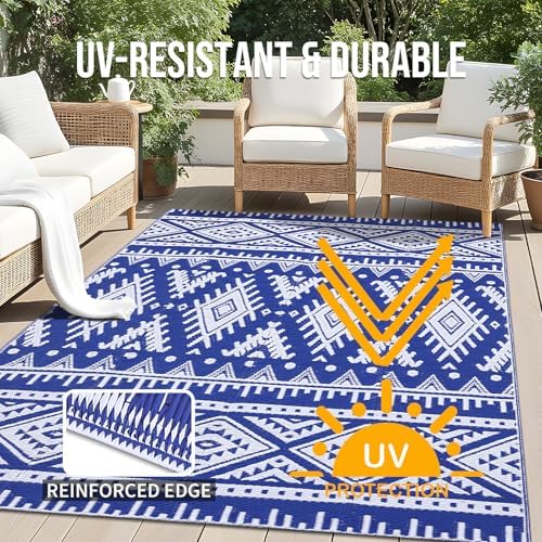 OLANLY Outdoor Rug 5x8 ft Waterproof Reversible Boho Mat, Blue & White - Image 4
