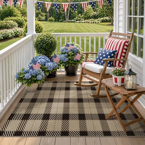 JTJ Easy Jute 4x6 Patio Rug, Black & Tan Plaid, Washable Non Slip by JTJ