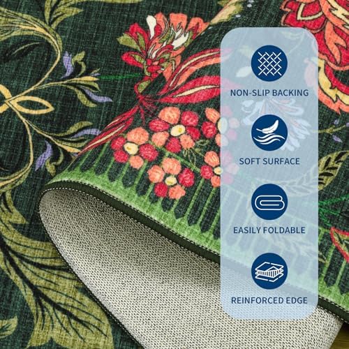 GarveeHome Forest Green Floral 2x3 Door Mat Indoor Rugs for Entryway Small Vintage Boho Cottage Washable Non-Slip Low-Pile Rug for Bedroom Kitchen Bathroom Entrance - Image 6