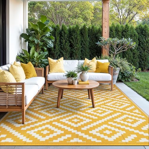 GENIMO Outdoor Rug, Waterproof Plastic Rugs for Patio, 6'x9' Yellow White - Image 2