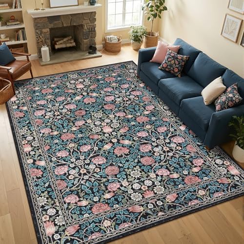 GarveeHome Blue Floral Washable Rug 5x7 for Bedroom Living Room by GarveeHome
