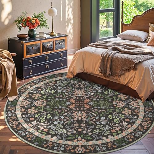 jinchan 7ft Washable Round Area Rug, Vintage Floral, Black - Image 3