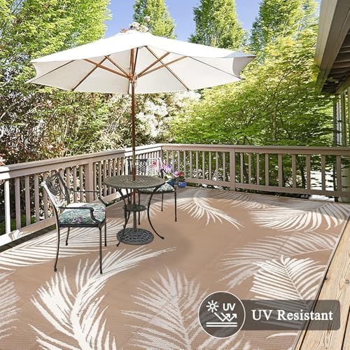 Pauwer Waterproof Outdoor Rug 8x10, Plastic Straw Patio Mat, Leaf Brown - Image 4