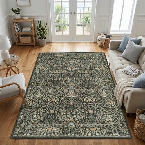 Black Floral Living Room Rug 5x7 Area Rug - Vintage Forest Washable Rug for Dining Room, Bedroom, Ultra Soft Low Pile Non Slip Stain Resistance Distressed Boho Farmhouse Flower Carpet - Image 6