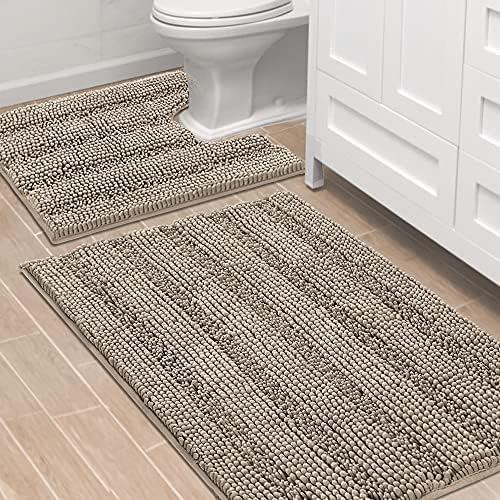 H.VERSAILTEX Bathroom Rugs Bath Rug Set 2 Piece Bathroom Contour Rug Toilet Mat Sets Non Slip Contour Bath Rug Ultra Thick Water Absorbent Striped Bath Mats Washable(36" x 24" Plus 20" x 24" U, Taupe) by HVERSAILTEX
