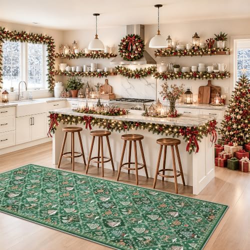 Christmas 3x8 Washable Kitchen Runner Rug, Green Non Slip Low Pile Rug - Image 5