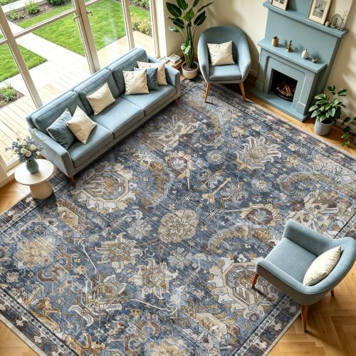 RUGSURE Washable Area Rugs - Perfect for Living Room, Bedroom, Kids Room, Nursery - Stain & Water Resistant Non-Slip, Pet & Child Friendly, Vintage Tribal Area Rugs (Navy, 9' x 12') - Image 3