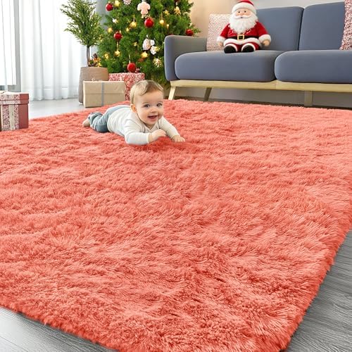 OLANLY 6x9 Machine Washable Large Area Rugs for Living Room, Bedroom, Soft Fluffy Shaggy Bedside Rug, Indoor Floor Carpet for Kids Girls and Boys, Dorms, Nursery, Home Decor Aesthetic, Coral Red by OLANLY
