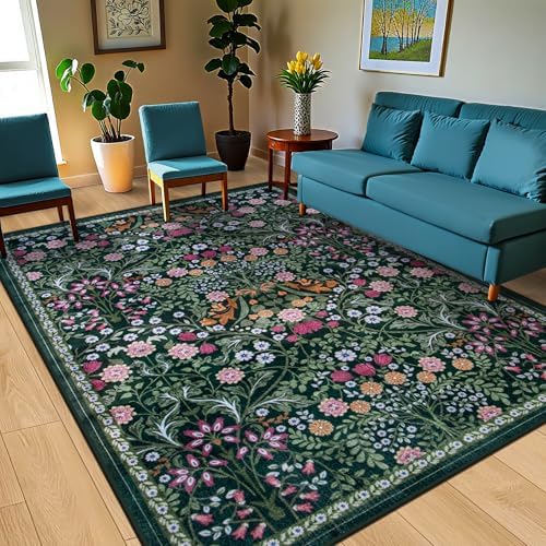 PLHXFR Area Rug 9x12 Living Room: Floral Washable Boho Carpet Dark Green - Image 2