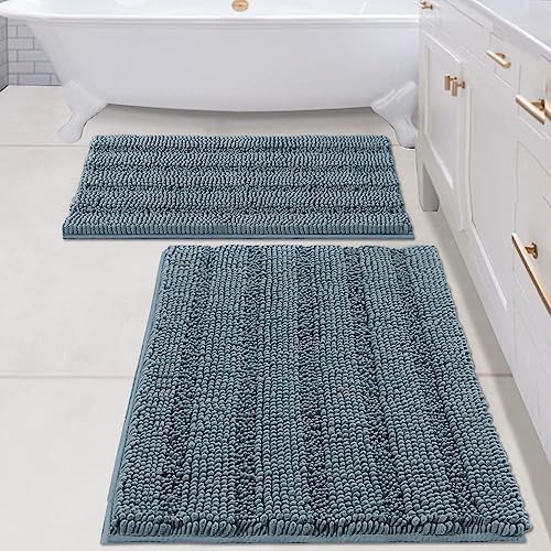 H.VERSAILTEX 2 Piece Bathroom Set - Super Absorbent Chenille Striped Bath Mats - Non Skid, Machine Washable - Stone Blue, 24 x 36 Plus 20 x 32 Inches by HVERSAILTEX