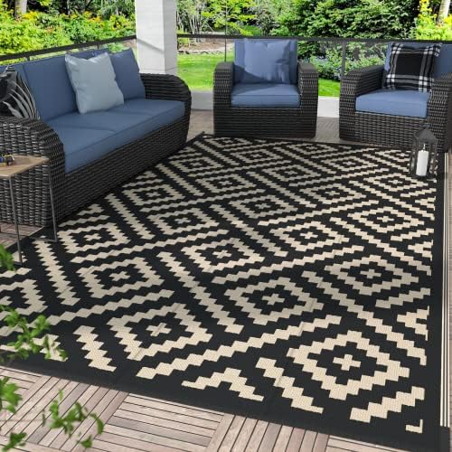 GENIMO Outdoor Rug, Waterproof Plastic Rugs for Patio, 6'x9' Black Beige by GENIMO