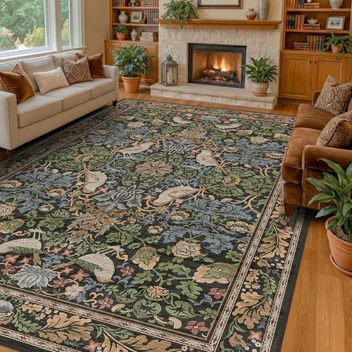 Vintage Green Rug for Extra Large Bedroom - Washable 10x12 Area Rug for Living Room, Dining Room Under Table, Boho Bird Decor, Soft Low Pile Non-Slip & Stain Resistance Brown Accent Carpet by HazoHaus