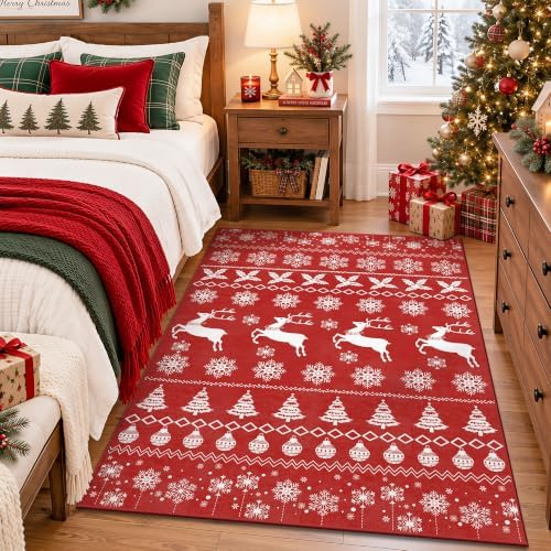 Christmas Red 4x6 Area Rugs for Entryway, Washable Rug Soft Non-Slip Low Pile Christmas Tree Elk Snowflake Small Carpet for Kitchen Living Room Bedroom Kids Nursery Holiday Throw Home Decor(Red Elk) - Image 4