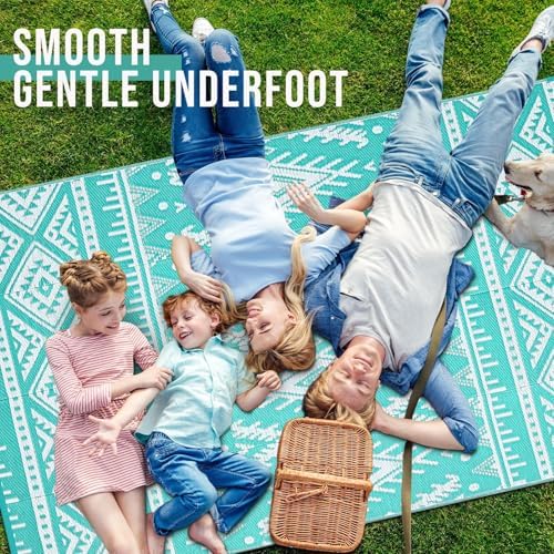 OLANLY Outdoor Rug 10x14 ft Waterproof Reversible Mat, Turquoise & White - Image 5