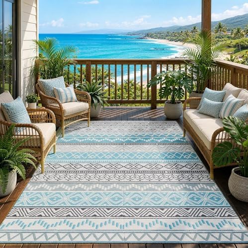 Outdoor Rug 6 x9 ft, Plastic Rug for Patio, Blue & Grey by OutdoorFurnitureCushion