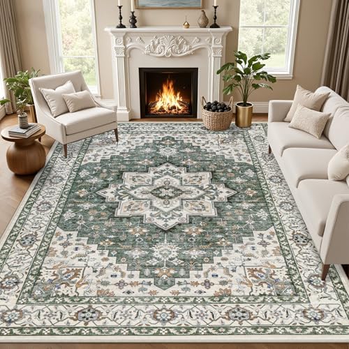10x12 Area Rugs Living Room: Washable Rug for Bedroom Green Ivory by EXPEDIX