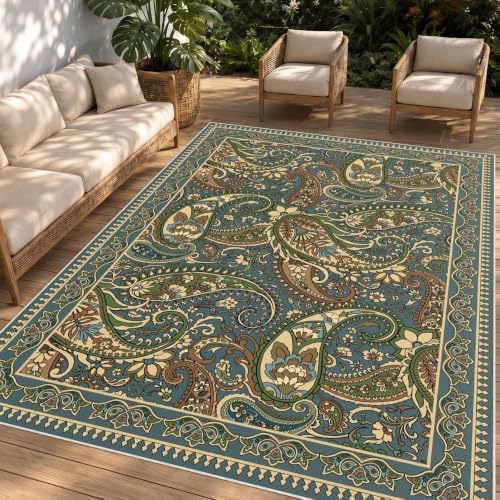Arenarug Paisley Waterproof Outdoor Rug 5x8, UV Resistant, Sage&Blue by ArenaRug