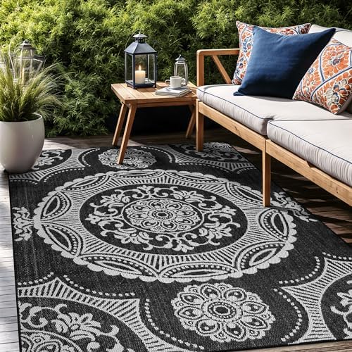 Luul Home Medallion Outdoor Rug 6x9 Washable Outside Carpet for Indoor Patio Porch Waterproof Easy Cleaning Non Shedding Area Rugs Black 6 x 9 - Image 6