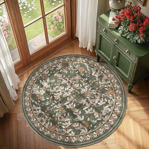 jinchan 4ft Round Rug Floral Vintage Washable Area Rug, Green by JINCHAN