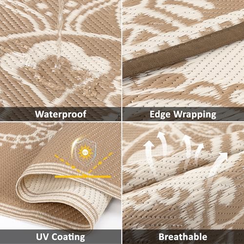 Pauwer Waterproof Outdoor Rug 6x9, Plastic Straw Patio Mat, Floral Brown - Image 3