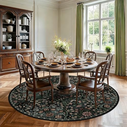 Round Rug 7ft Floral Circle Rug Black Botanical Indoor Area Rugs - Image 3