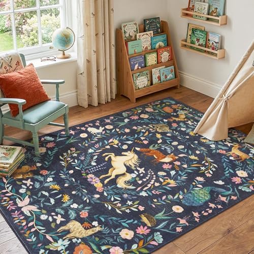 jinchan 5x7 Kids Rug Washable Nursery Rug Cute Whimsical Unicorn, Navy Blue - Image 2
