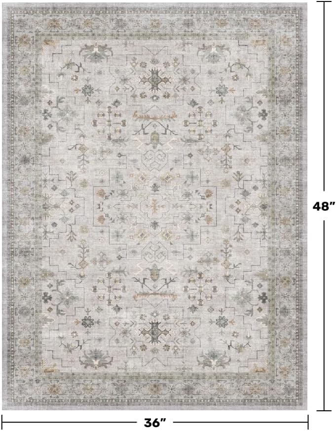 Boho Large 3x4 Bathroom Rug - Washable Low Pile Non-Slip Area Rugs for Entryway, Kitchen, Bedroom Beside Bed, Modern Vintage Neutral Light Gray & Sage Geometric Floral Decor - Image 2