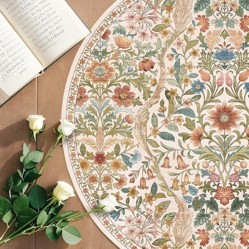 Round Rug 4ft Floral Circle Rug Beige Botanical Indoor Area Rugs - Image 4