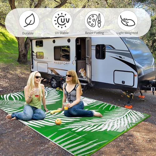 Waterproof Outdoor Rug 8x10ft, Green Leaf Reversible Plastic Straw Mat for Patio RV Deck Porch Backyard Balcony Camping Picnic Beach Indoor Outdoor Carpet, Green&White - Image 5