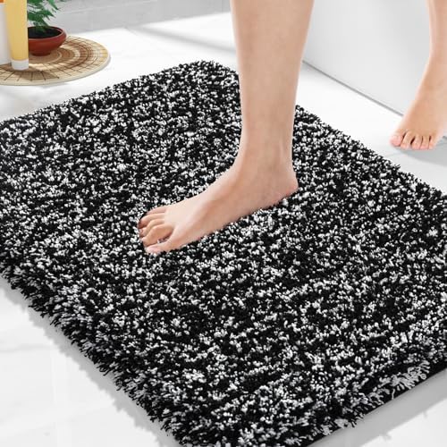 Yimobra Black and White Bathroom Rugs Non Slip Washable, Ultra Soft and Water Absorbent Bath Mats, Plush Fluffy Shower Mat Outside, Microfiber Thick Matts for Bathroom Floor/Sink, 24x17 by Yimobra