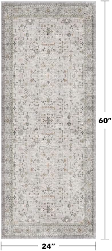 Hazo Haus Boho 2x5 Floral Bathroom Runner Rug - Washable Low Pile Runner Rugs for Laundry Room, Door Mat Indoor Entrance, Neutral Light Gray & Sage Geometric Decor & Stain Resistance - Image 2