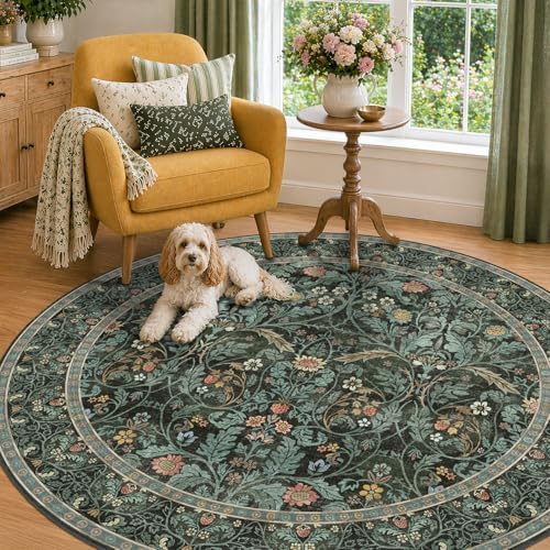 Washable 7ft Round Area Rug for Living Room, Dark Green Vintage Floral Rug for Dining Room Under Table Bedroom, Non-Shedding Pet Friendly Boho Floor Decor, Large Arts and Crafts Floral Circular Carpet by Evyhood
