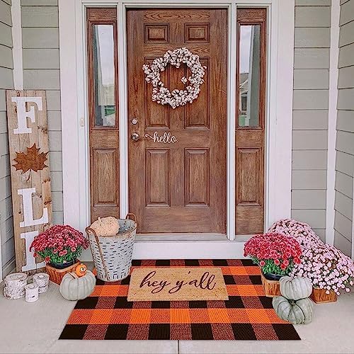 Fall Door Mat Orange and Black Plaid Rug Autumn Halloween Thanksgiving Rug - Image 3