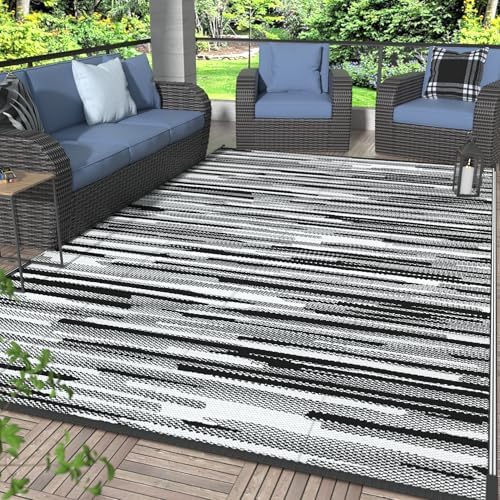 GENIMO Outdoor Rug for Patio Clearance, 6'x9' Waterproof Camping Mat, Reversible Plastic Straw Rugs for RV, Camper, Balcony, Backyard, Picnic, Deck (Black White) by GENIMO