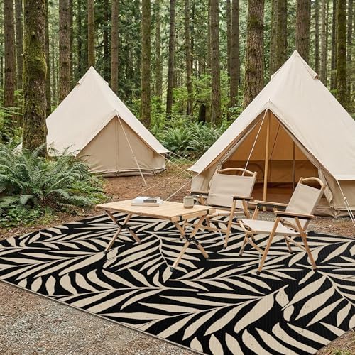 Smiry Outdoor Rug 5x8 ft Waterproof Reversible Leaf Mat, Black & Beige - Image 7