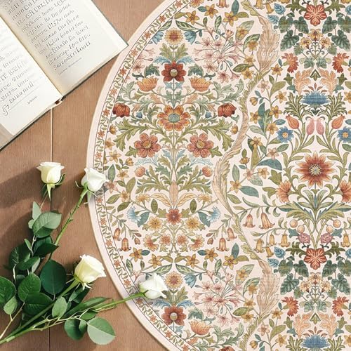 Round Rug 5ft Floral Circle Rug Beige Botanical Indoor Area Rugs - Image 4