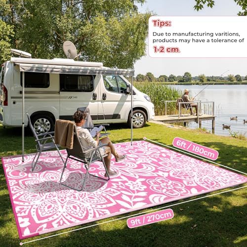 Findosom Waterproof Outdoor Rug 6' x 9' - Reversible Mandala Outdoor Plastic Straw Rug, Durable Foldable Patio Rug for RV, Deck, Balcony, Backyard, Picnic, Porch, Camping, Beach, Pink - Image 2