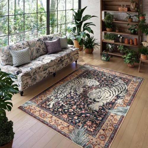 Moynesa Tiger Washable Area Rugs for Living Room, 5x7 Vintage Soft Rug for Bedroom, Non Slip Boho Ultra Thin Large Stain Resistant Throw Rug for Dining Guest Room, Puce Red - Image 6